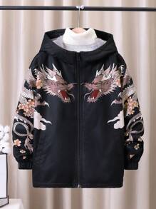 SHEIN 男大童龍印花連帽加絨內裏外套
