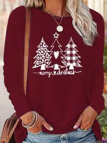 INAWLY Christmas Print Drop Shoulder Tee - Burgundy - View 1