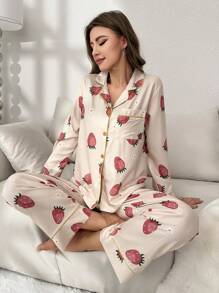 Strawberry Print Contrast Piping Satin PJ Set / Pajama Set - Apricot - View 1