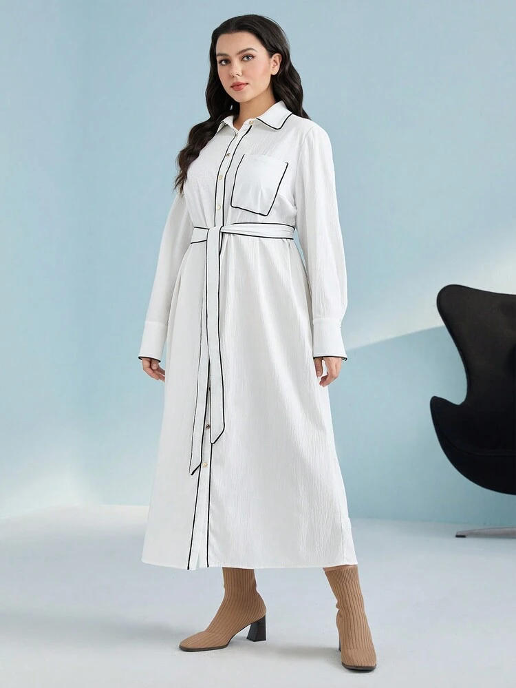 Plus Contrast Binding Belted Shirt Dress