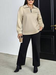 SHEIN Essnce Plus Letter Embroidery Half Zip Drop Shoulder Sweatshirt - Apricot - View 4