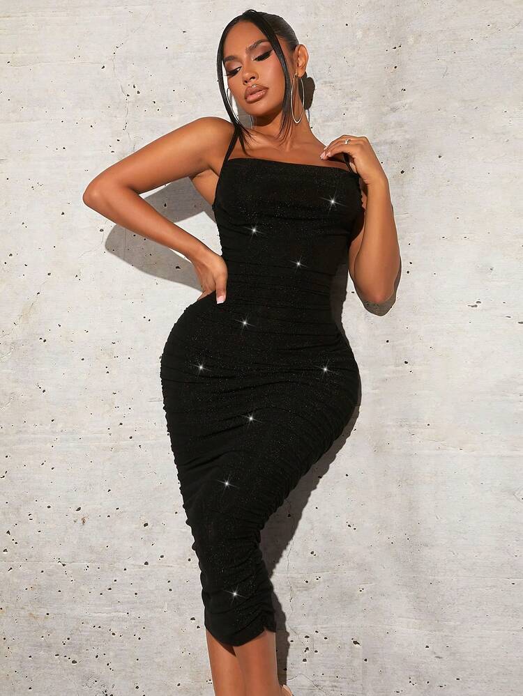 Shiny Fabric Glitter Ruched Cami Bodycon Dress Party Outfit  Birthday Outfit Spring Women Clothes Date Night Bachelorette Party