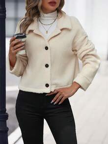 SHEIN Essnce 落肩袖前紐扣毛絨夾克 - 杏色 - 查看 5