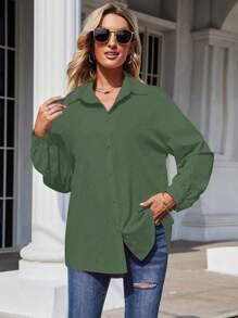 SHEIN Clasi Camisa unicolor de hombros caídos con botón delantero - Verde Oliva - Ver 3