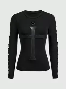 ROMWE Goth Solid Cross Patched Cut Out Sleeve Tee - Black - View 1