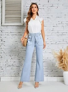 SHEIN LUNE 高腰腰帶牛仔喇叭褲 - 淺色水洗藍 - 查看 4