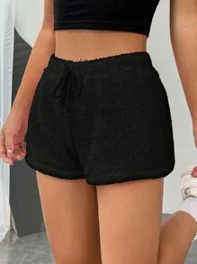 SHEIN EZwear Drawstring Waist Solid Teddy Shorts - Black - View 3