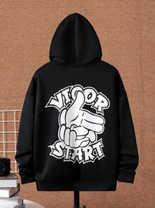 SHEIN 青少年男孩字母和卡通图案落肩卫衣 - 黑色 - 查看 1