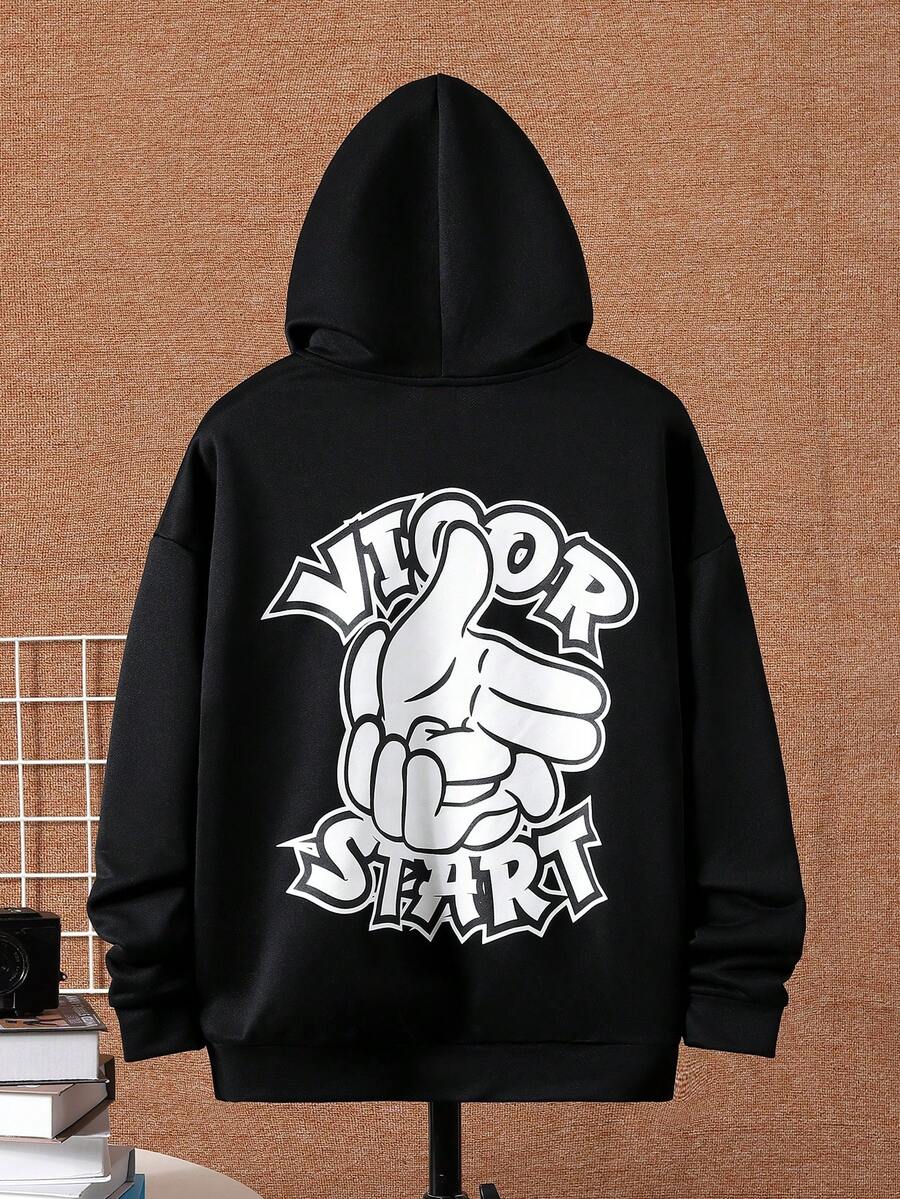 SHEIN 青少年男孩字母和卡通图案落肩卫衣 - 黑色 - 查看 1