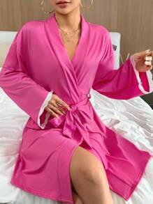 Bata con cinturón ribete con encaje de hombros caídos - Rosa - Ver 1