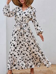 SHEIN VCAY Vestido con cinturón con estampado floral ribete con fruncido - Multicolor - Ver 1