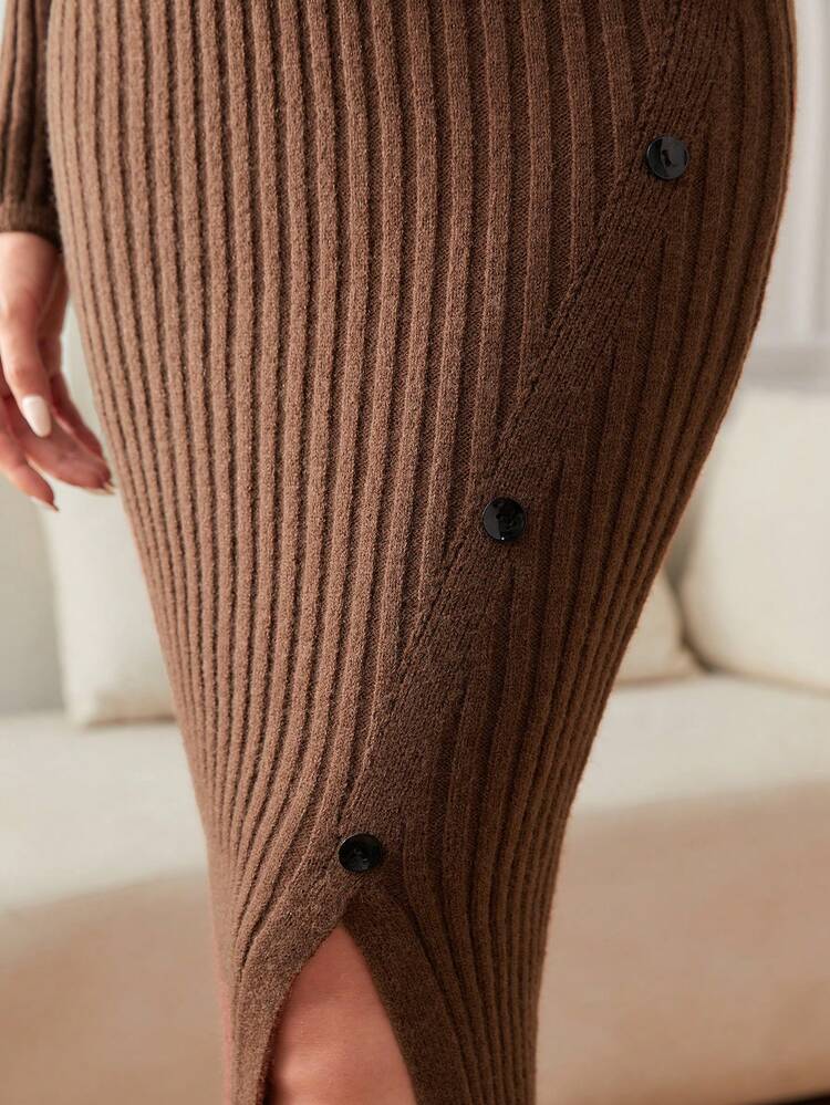 Split Thigh Button Detail Ribbed Knit Sweater Dress Fall Cloth For Women