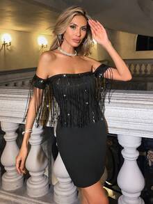 Allurite Off Shoulder Fringe Trim Sequin Bodycon Dress - Black - View 3
