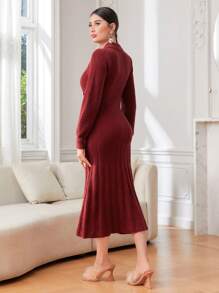 Modelyn Vestido de punto unicolor con botón delantero bajo sirena sin cinturón - Rojo - Ver 2