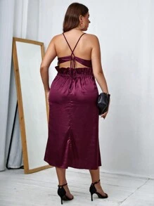 SHEIN Belle Vestido de camiseta de satén color rojo borgoña sólido - Burdeos - Ver 2