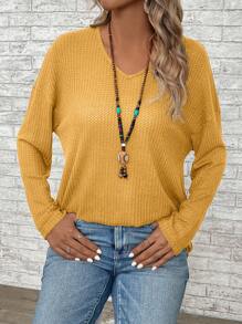 EMERY ROSE Women's Solid V-Neck Drop Shoulder Long Sleeve Loose Casual T-Shirt, Spring & Summer Tops With Sleeves Fall Women Clothes - Yellow - View 6