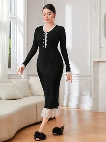 Modelyn Contrast Lace Button Front Sweater Dress Without Belt - Black - View 3