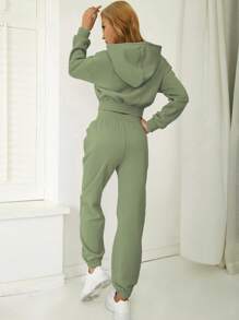 SHEIN LUNE Drop Shoulder Elastic Hem Drawstring Hoodie & Sweatpants - Green - View 2