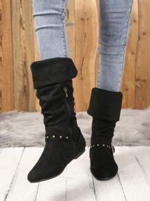 女士們時尚平底及膝靴子帶帶帶扣細節和側拉鍊 - 黑色 - 查看 6