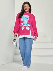 SHEIN X The Smurfs Plus Letter & Cartoon Graphic Drop Shoulder 2 In 1 Sweatshirt - Pink - View 5