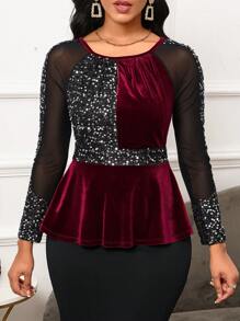 SHEIN Lady 網紗拼接插肩袖拼接亮片絲絨荷葉邊下擺襯衫 - 彩色 - 查看 1