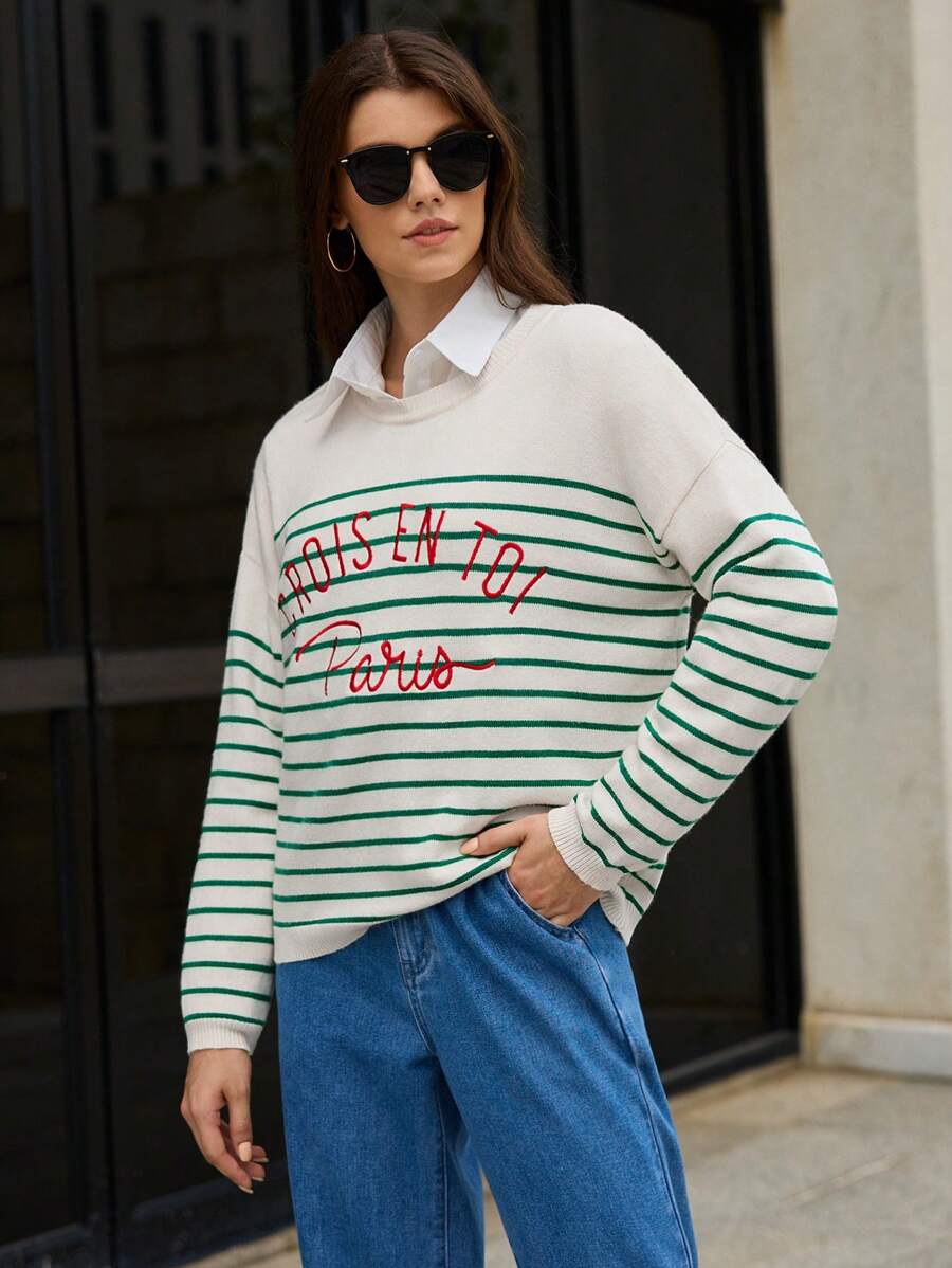 SHEIN Frenchy 條紋圖案&字母圖案落肩袖套頭毛衣 - 彩色 - 查看 1