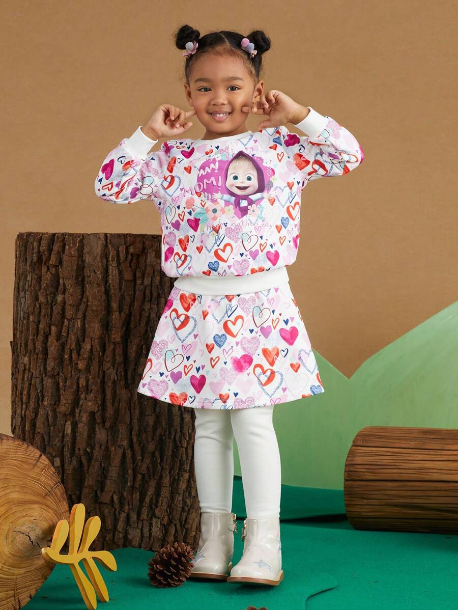 SHEIN X Masha and The Bear 女小童卡通圖案運動衫和裙子 - 彩色 - 查看 1