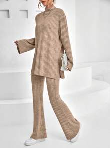 SHEIN Essnce Mock Neck Split Hem Tee & Flare Leg Pants - Camel - View 4
