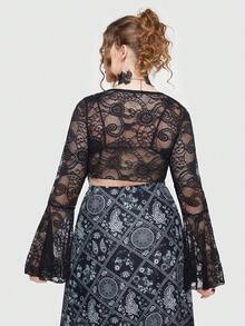 ROMWE Goth Plus Floral Lace Flounce Sleeve Asymmetrical Hem Top - Black - View 7