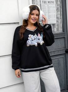 SHEIN EZwear Plus Christmas Print Drop Shoulder Sweatshirt - Black - View 3