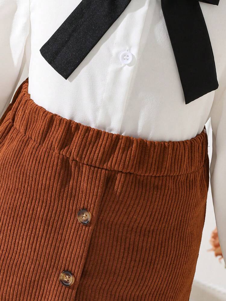 Young Girl Flounce Sleeve Corduroy Coat & Bow Front Skirt & Shirt