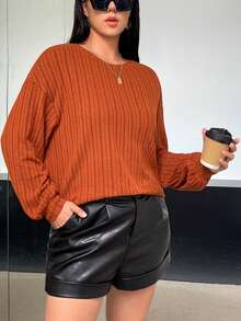 SHEIN Essnce Talla grande Camiseta de hombros caídos tejido de canalé - Naranja Quemada - Ver 3