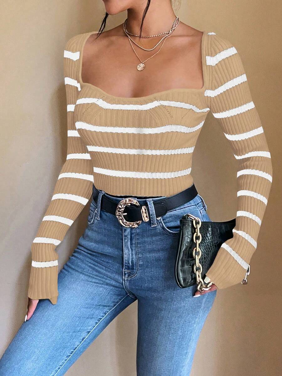 Chiquease Jersey de punto acanalado con estampado de rayas para otoño e invierno - Caqui - Ver 1