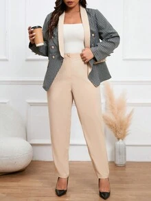 Calvaya Plus Plaid Print Shawl Collar Jacket & Pants - Multicolor - View 5