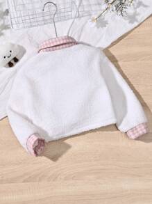 SHEIN Cô Gái Trẻ In kẻ sọc Viền tương phản Chi tiết về Flap Áo Teddy Jackets - Màu be - Xem 2