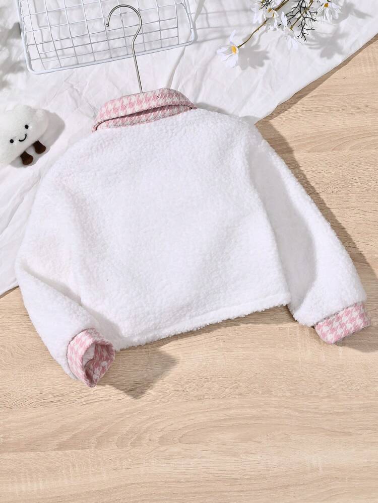 Young Girl Plaid Print Contrast Trim Flap Detail Teddy Jacket