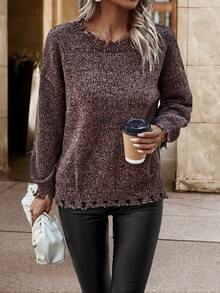 SHEIN LUNE Marled Knit Drop Shoulder Distressed Trim Sweater - Brown - View 6