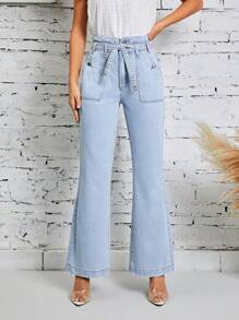 SHEIN LUNE 高腰腰帶牛仔喇叭褲 - 淺色水洗藍 - 查看 5