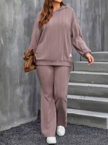 SHEIN LUNE Plus Drop Shoulder Hoodie & Flare Leg Pants - Dusty Pink - View 5