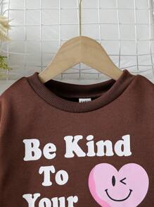 SHEIN 女小童標語圖案衛衣和衛褲 - 棕色 - 查看 3