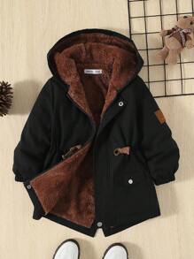 SHEIN Young Boy Letter Patched Detail Teddy Lined Hooded Coat - Black - View 7