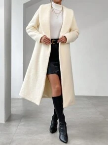 SHEIN Privé 青果領前紐扣花呢外套 - 白色 - 查看 4