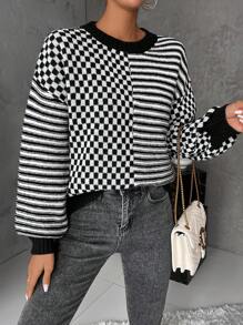 SHEIN LUNE Striped And Checker Pattern Drop Shoulder Knit Pullover Fall Winter Sweater - Multicolor - View 4