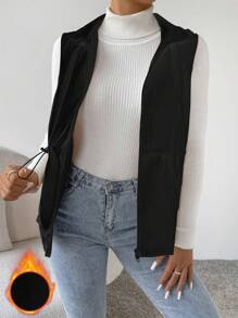 SHEIN Essnce Chaleco con capucha con cremallera y cintura con cordón acolchado, ropa de invierno - Negro - Ver 3