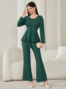 Mulvari Women's Ruffle Hem Top And Flare Pants Set - Dark Grey - View 1