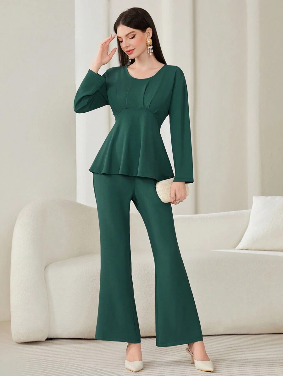 Mulvari Women's Ruffle Hem Top And Flare Pants Set - Dark Grey - View 1