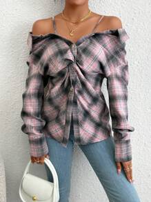 Chiquease Plaid Cold Shoulder Print Twist Front Shirt