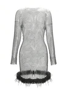 SHEIN X GiudiceGirls 毛茸邊水鑽鉚釘細節薄透緊身洋裝不附帶內衣褲套裝 - 黑色 - 查看 7