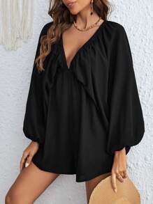 SHEIN VCAY Cổ Lao tay cánh Nếp gấp Phần Ngực Đầm - màu đen - Xem 1