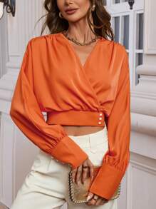 SHEIN Clasi 交疊領紐扣細節短款襯衫 - 橘色 - 查看 6